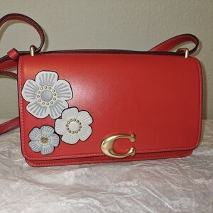 Coach bandit leather shoulder crossbody bag in red leather with tea roses